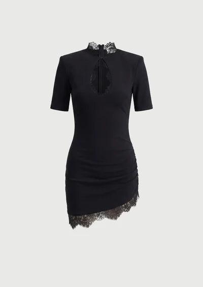 Abito Mini Nero con Pizzo e Collo Alto – Vestito Elegante Donna Aderente da Sera