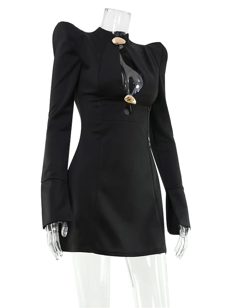 Abito Mini Nero Elegante Donna – Slim Fit con Maniche Lunghe Svasate e Dettaglio Cut-Out
