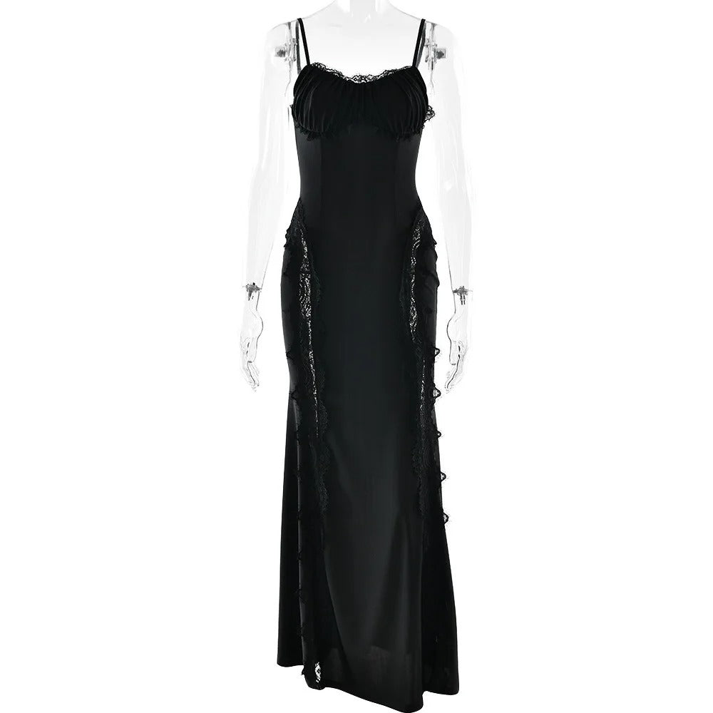 Abito Lungo Nero Elegance Lace – Vestito da Sera Sensuale con Inserti in Pizzo