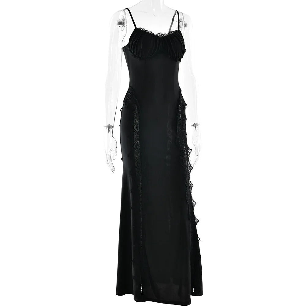 Abito Lungo Nero Elegance Lace – Vestito da Sera Sensuale con Inserti in Pizzo