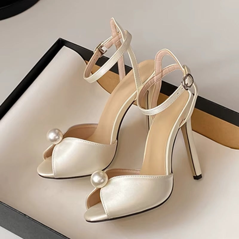 Sandali Donna Eleganti con Perla e Tacco a Spillo 11 cm – Peep Toe con Cinturino alla Caviglia