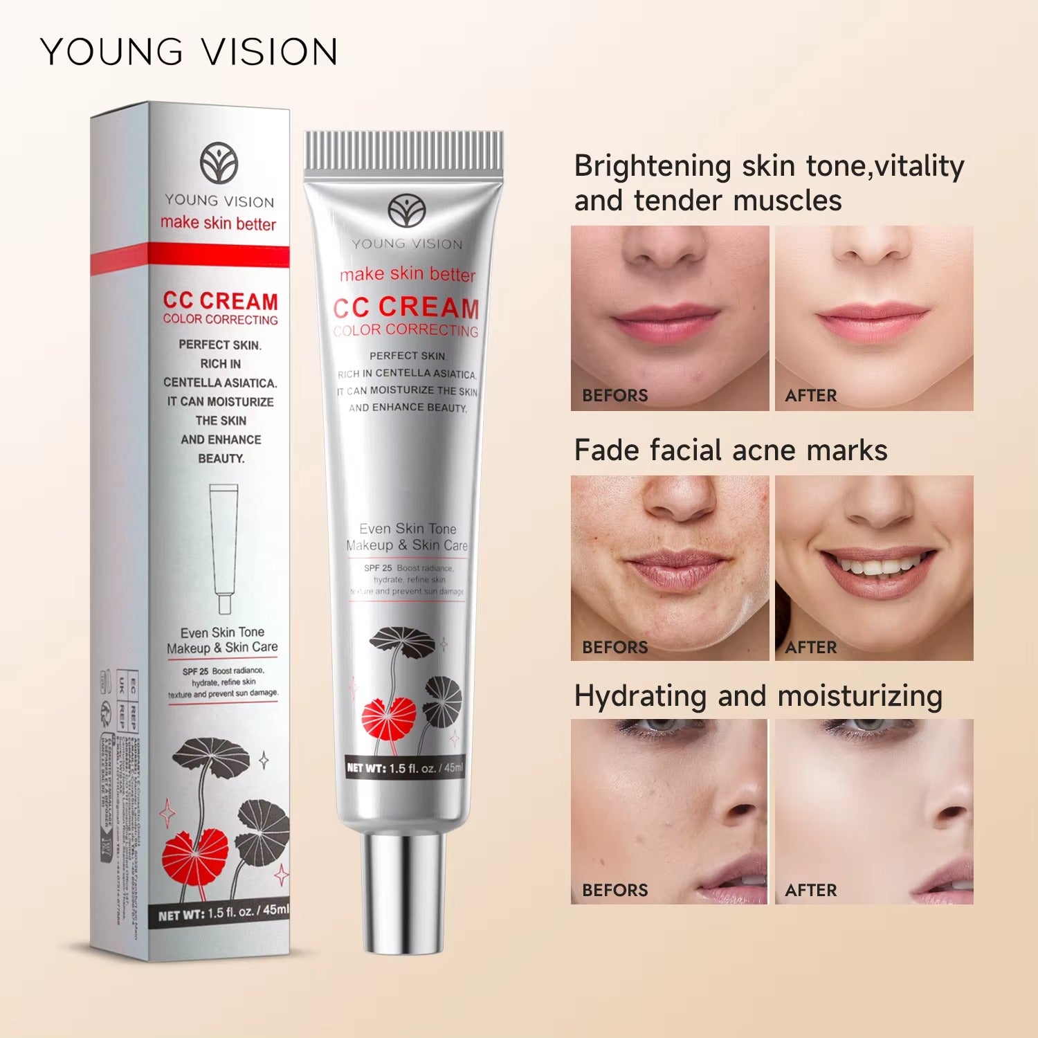CC Cream Viso 45ml alla Centella Asiatica – Correttore Colore + Fondotinta Idratante Effetto Pelle Perfetta