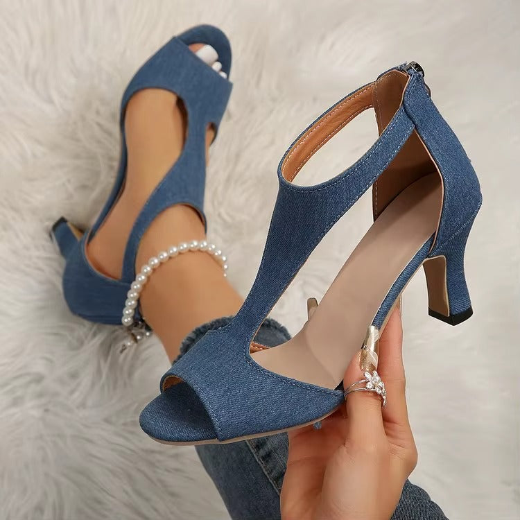 Sandali Donna con Tacco Alto in Denim – Stile Romano con Zip, Punta Open Toe Elegante Estate