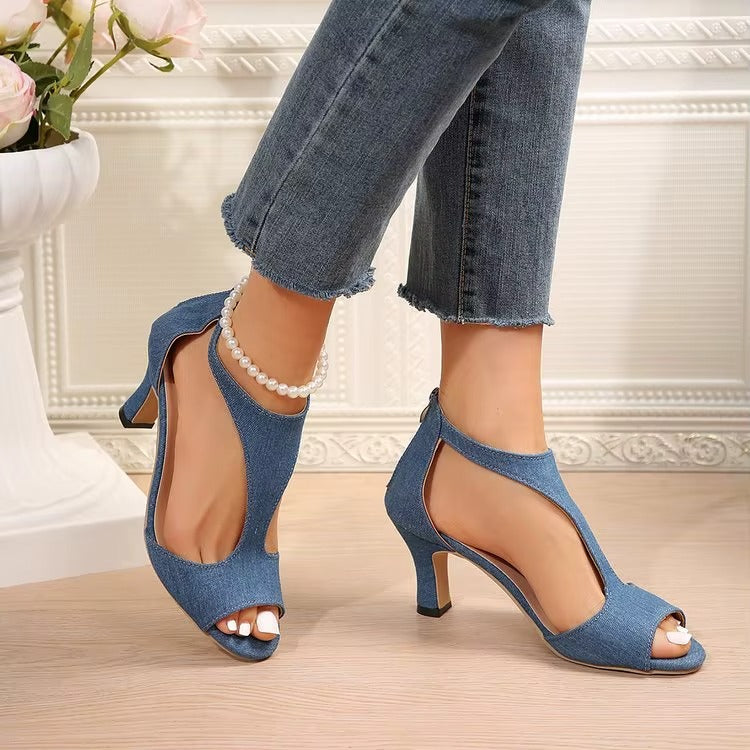 Sandali Donna con Tacco Alto in Denim – Stile Romano con Zip, Punta Open Toe Elegante Estate