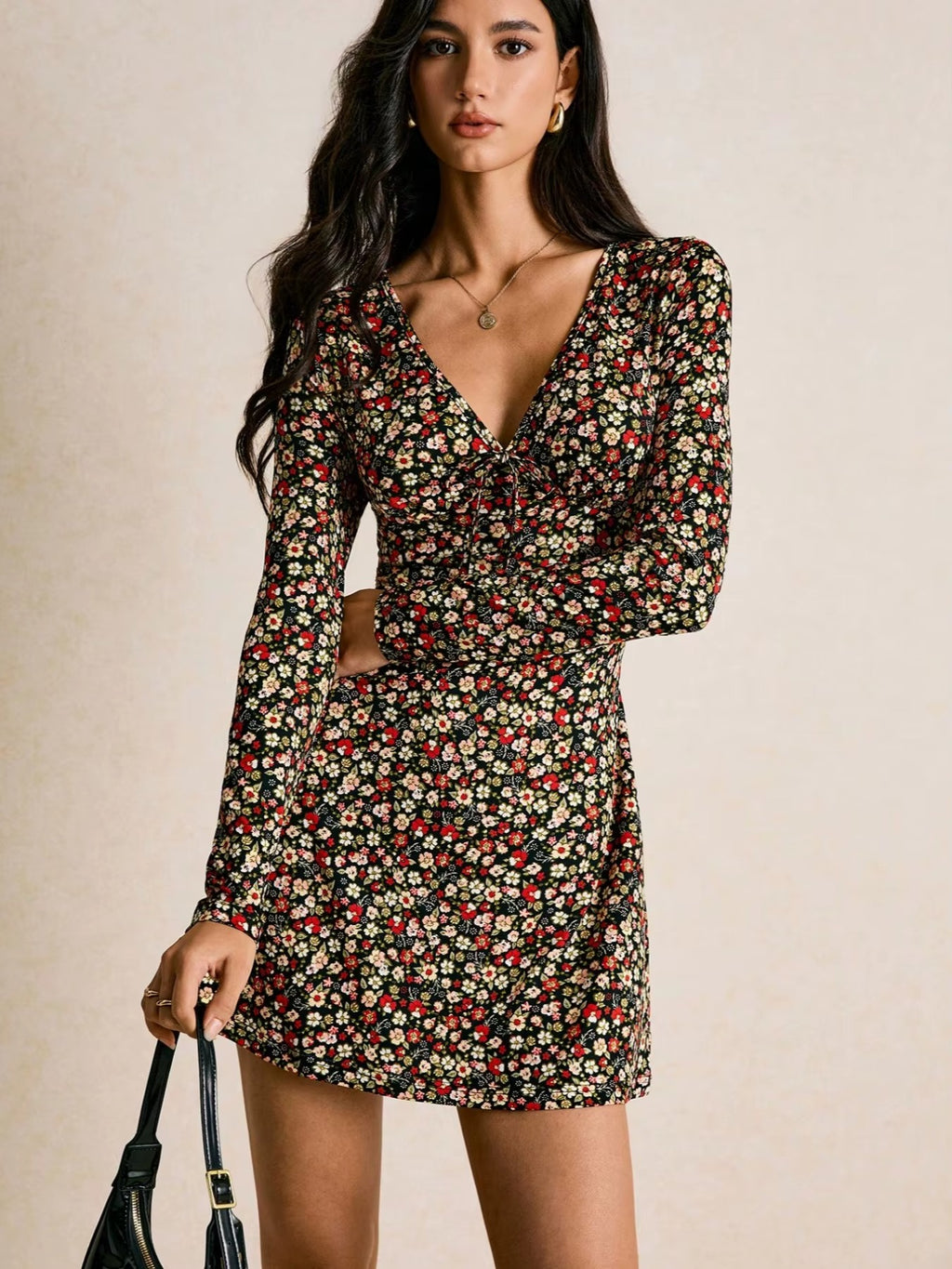 Abito Donna Floreale con Scollo a V – Vestito Elegante Maniche Lunghe Slim Fit