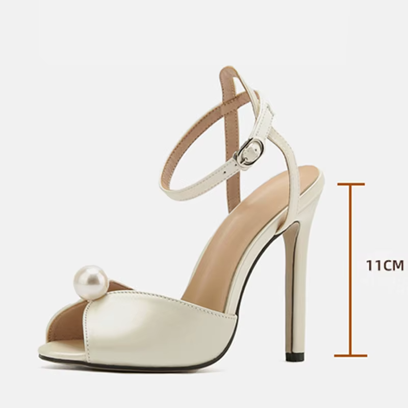 Sandali Donna Eleganti con Perla e Tacco a Spillo 11 cm – Peep Toe con Cinturino alla Caviglia