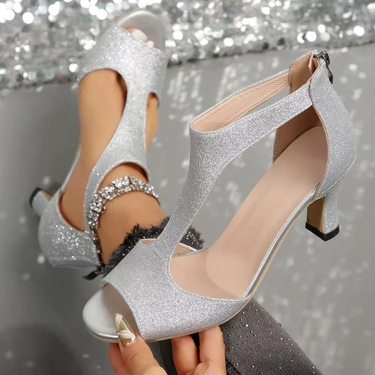 Sandali Donna con Tacco Alto in Denim – Stile Romano con Zip, Punta Open Toe Elegante Estate
