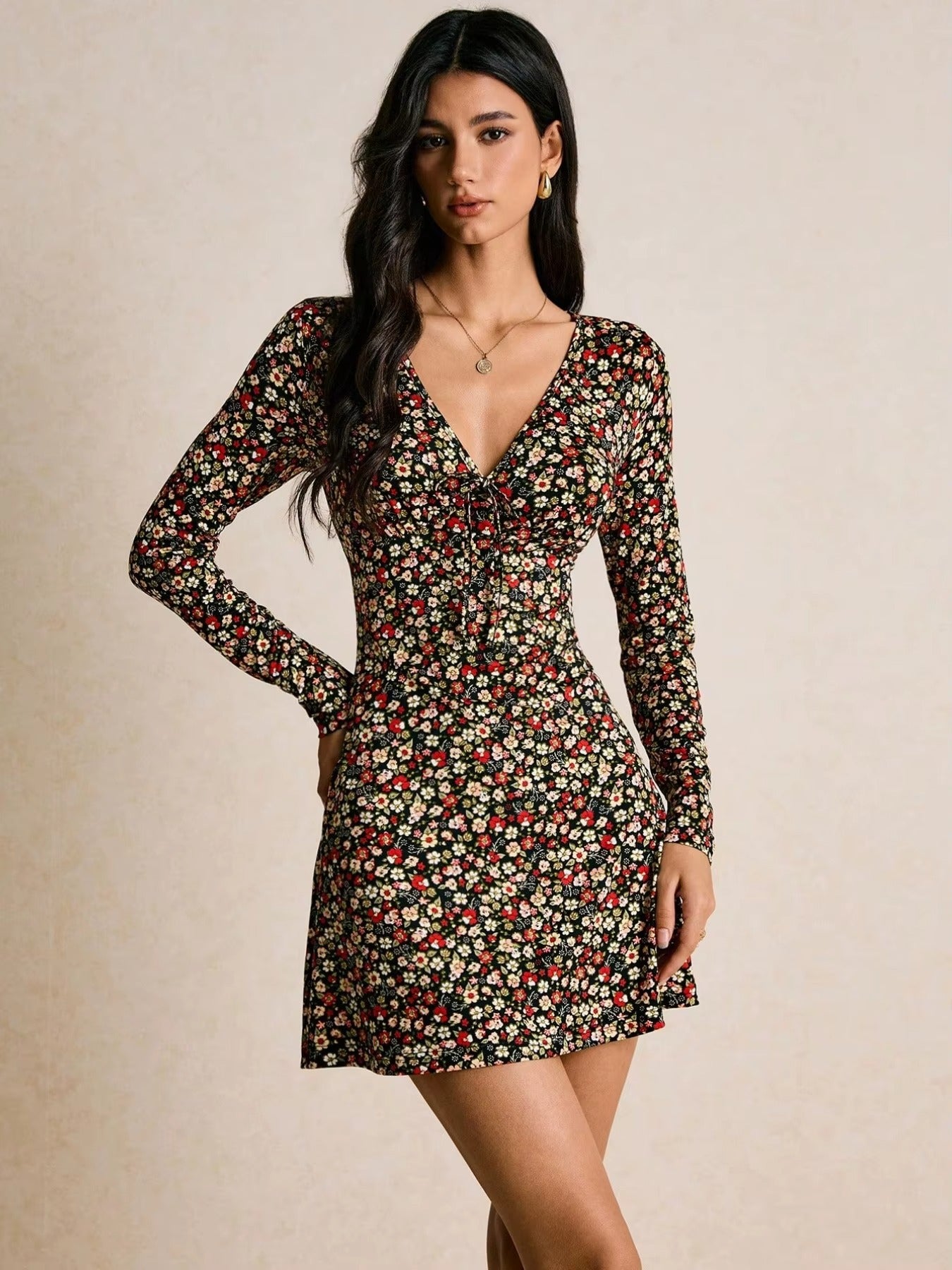 Abito Donna Floreale con Scollo a V – Vestito Elegante Maniche Lunghe Slim Fit