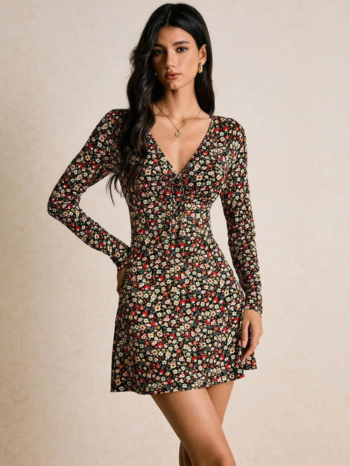 Abito Donna Floreale con Scollo a V – Vestito Elegante Maniche Lunghe Slim Fit