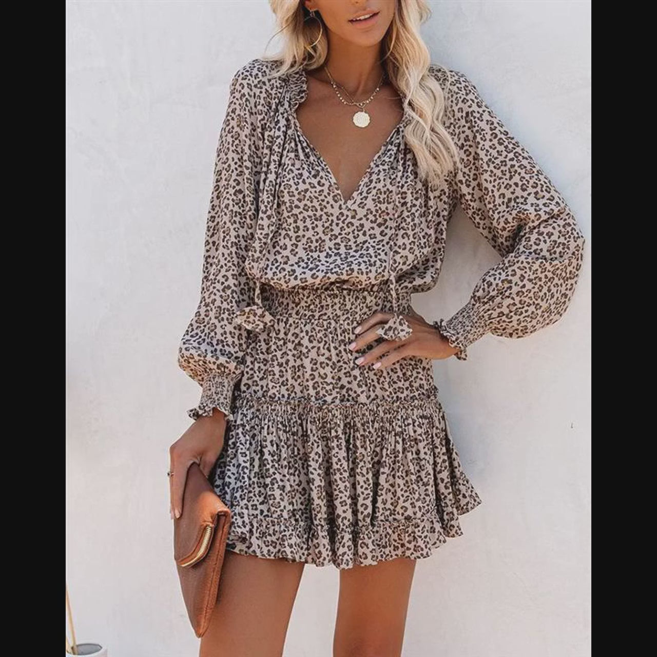 Mini Abito Boho Donna con Volant – Vestito Elegante Maniche Lunghe Con Stampa
