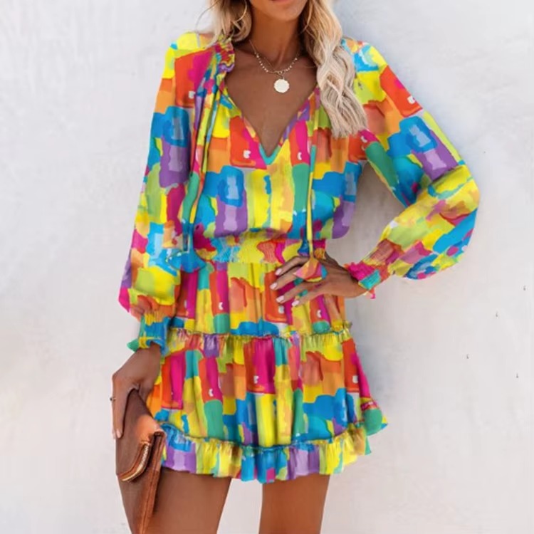 Mini Abito Boho Donna con Volant – Vestito Elegante Maniche Lunghe Con Stampa