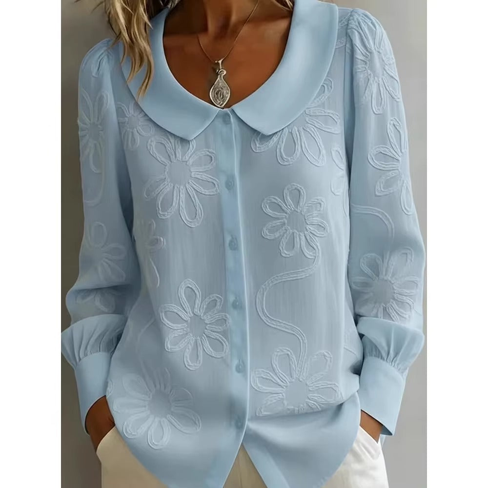 Camicia Donna Jacquard Floreale con Colletto Francese – Blusa Elegante Maniche Lunghe
