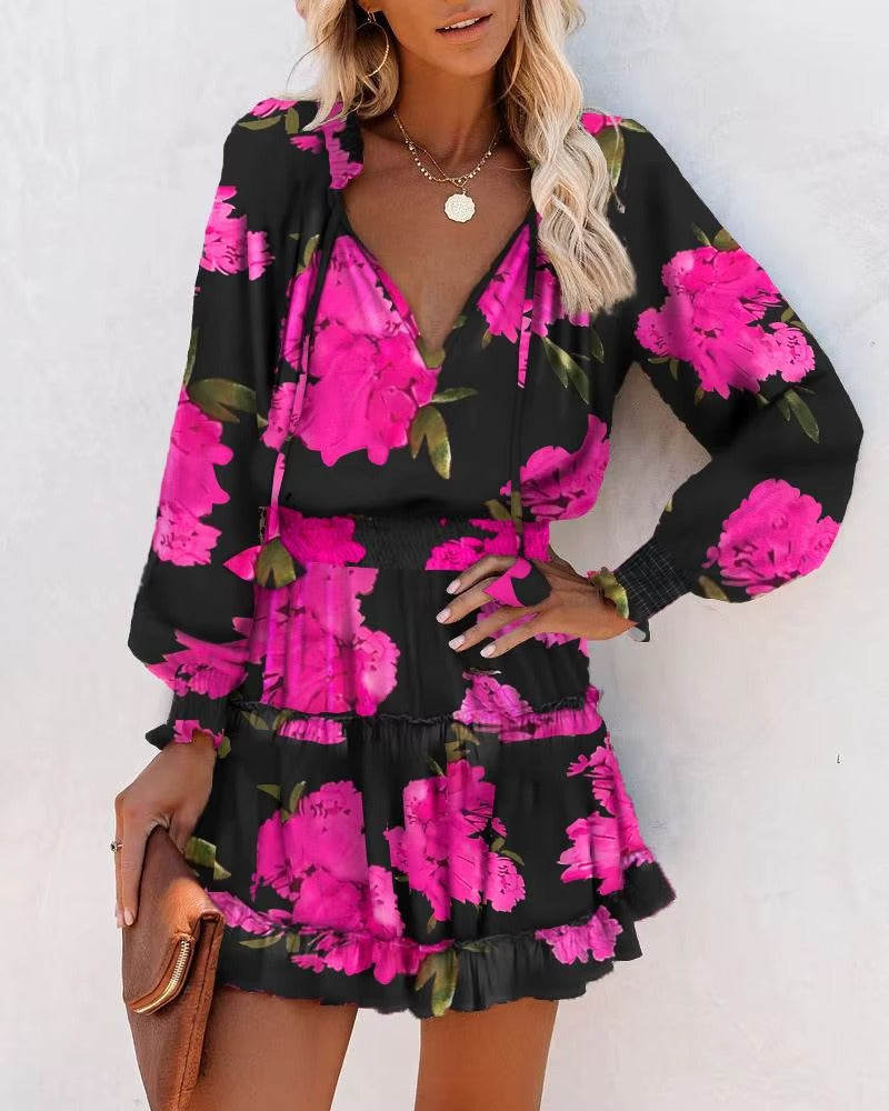 Mini Abito Boho Donna con Volant – Vestito Elegante Maniche Lunghe Con Stampa