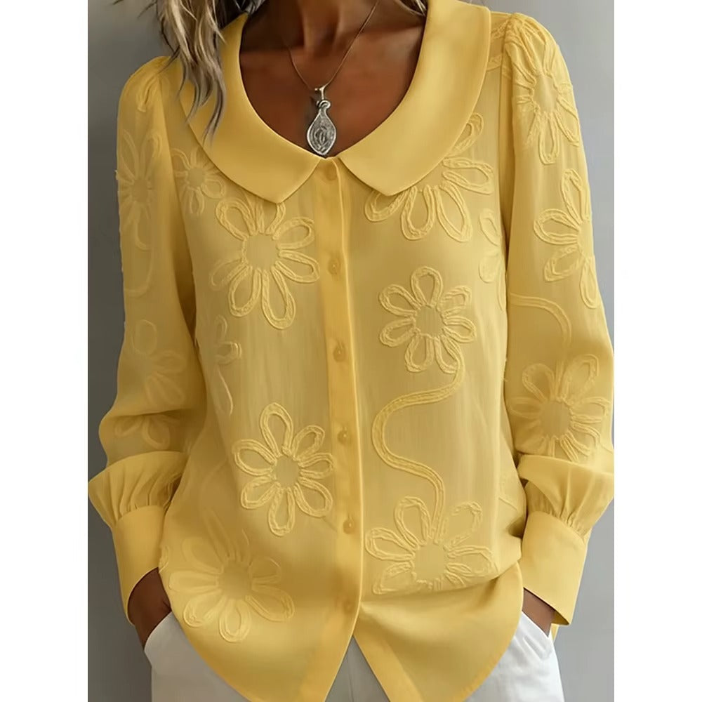 Camicia Donna Jacquard Floreale con Colletto Francese – Blusa Elegante Maniche Lunghe