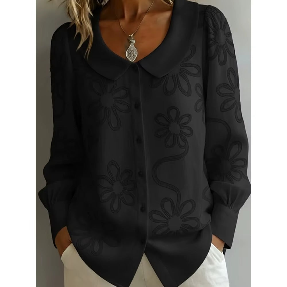 Camicia Donna Jacquard Floreale con Colletto Francese – Blusa Elegante Maniche Lunghe