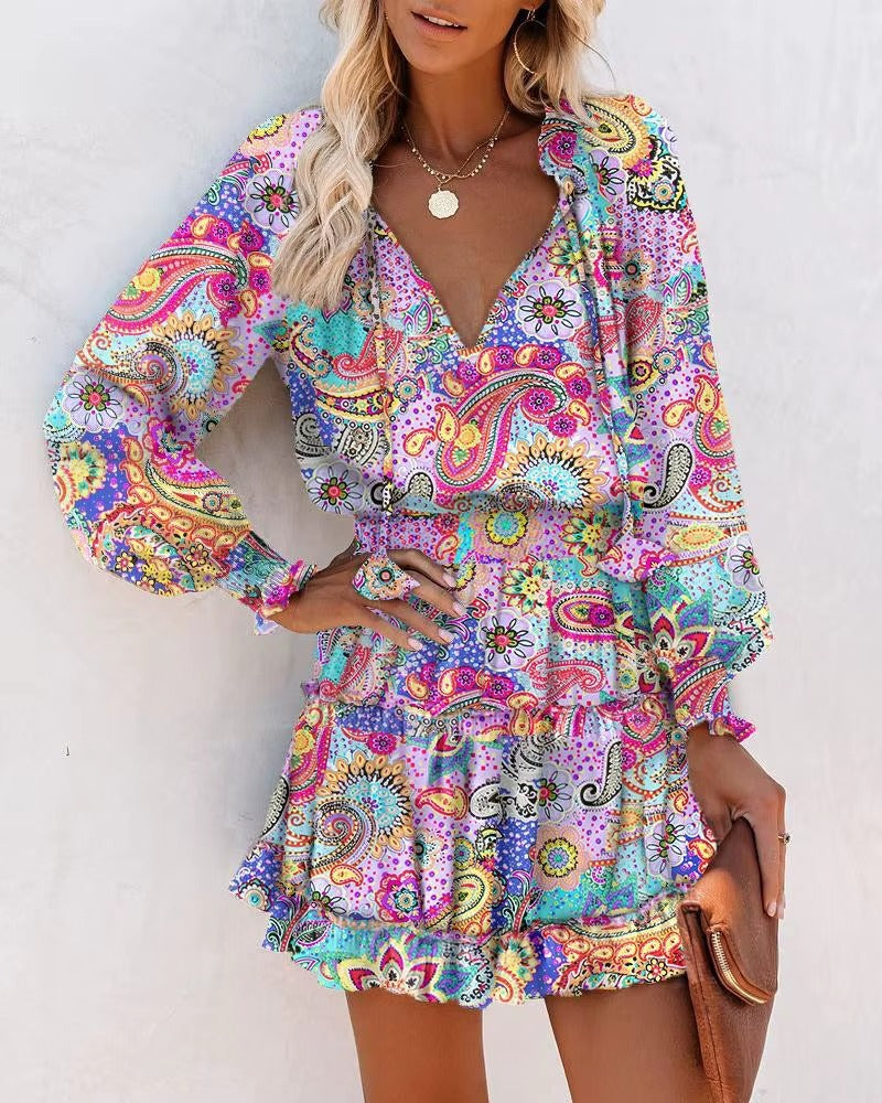 Mini Abito Boho Donna con Volant – Vestito Elegante Maniche Lunghe Con Stampa
