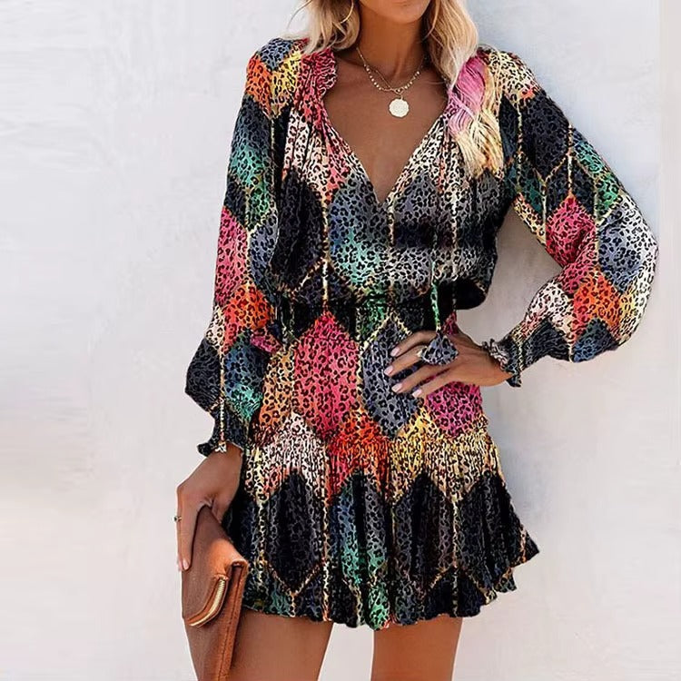 Mini Abito Boho Donna con Volant – Vestito Elegante Maniche Lunghe Con Stampa