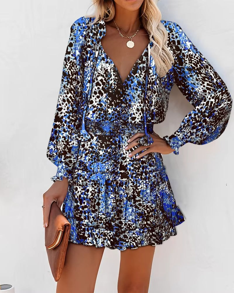 Mini Abito Boho Donna con Volant – Vestito Elegante Maniche Lunghe Con Stampa