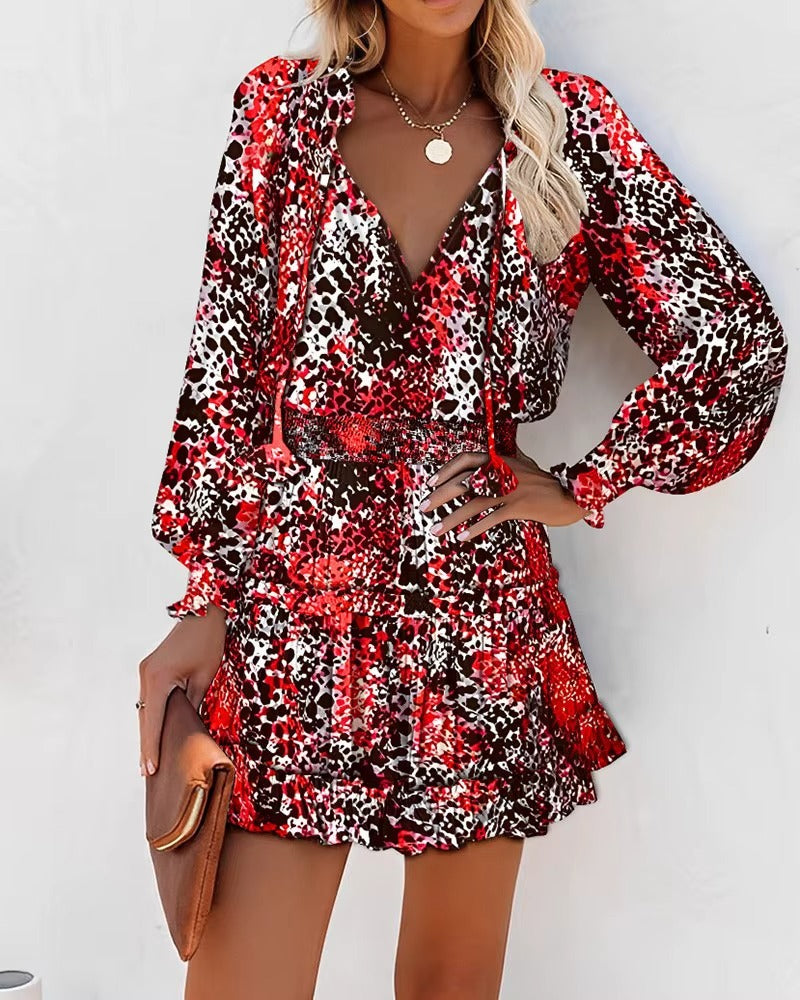 Mini Abito Boho Donna con Volant – Vestito Elegante Maniche Lunghe Con Stampa