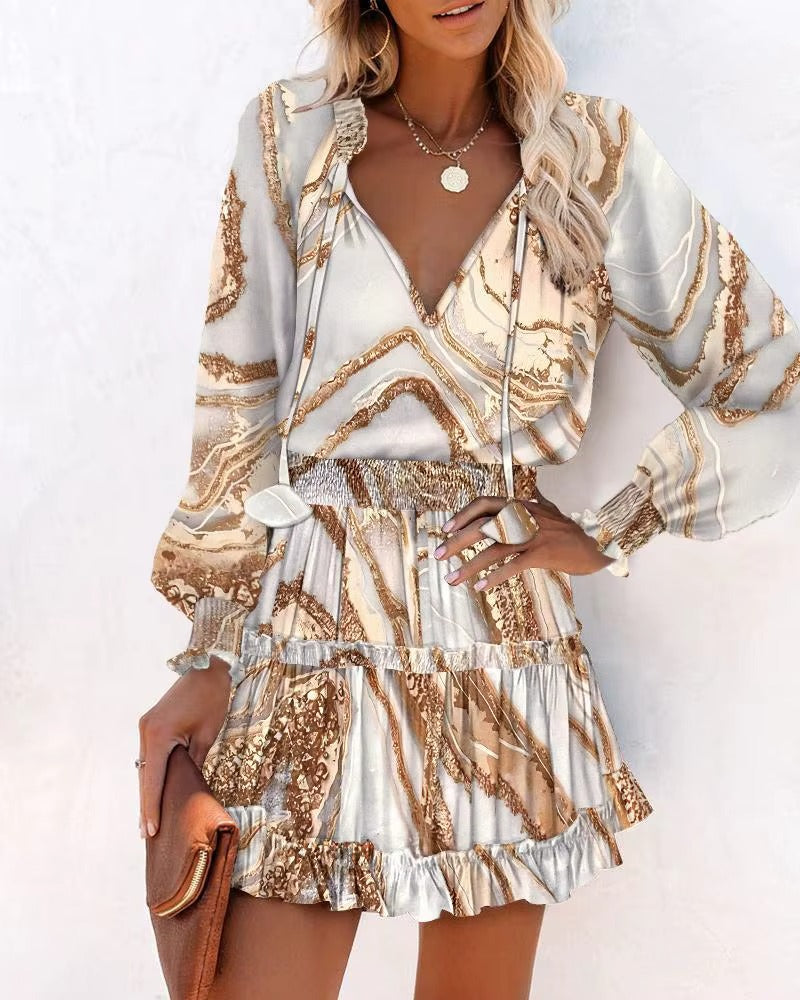 Mini Abito Boho Donna con Volant – Vestito Elegante Maniche Lunghe Con Stampa