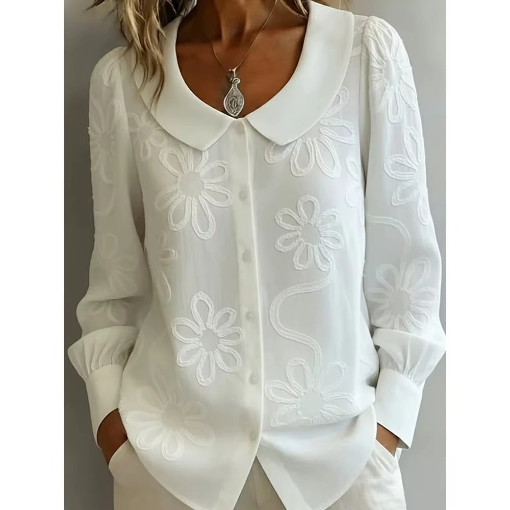 Camicia Donna Jacquard Floreale con Colletto Francese – Blusa Elegante Maniche Lunghe