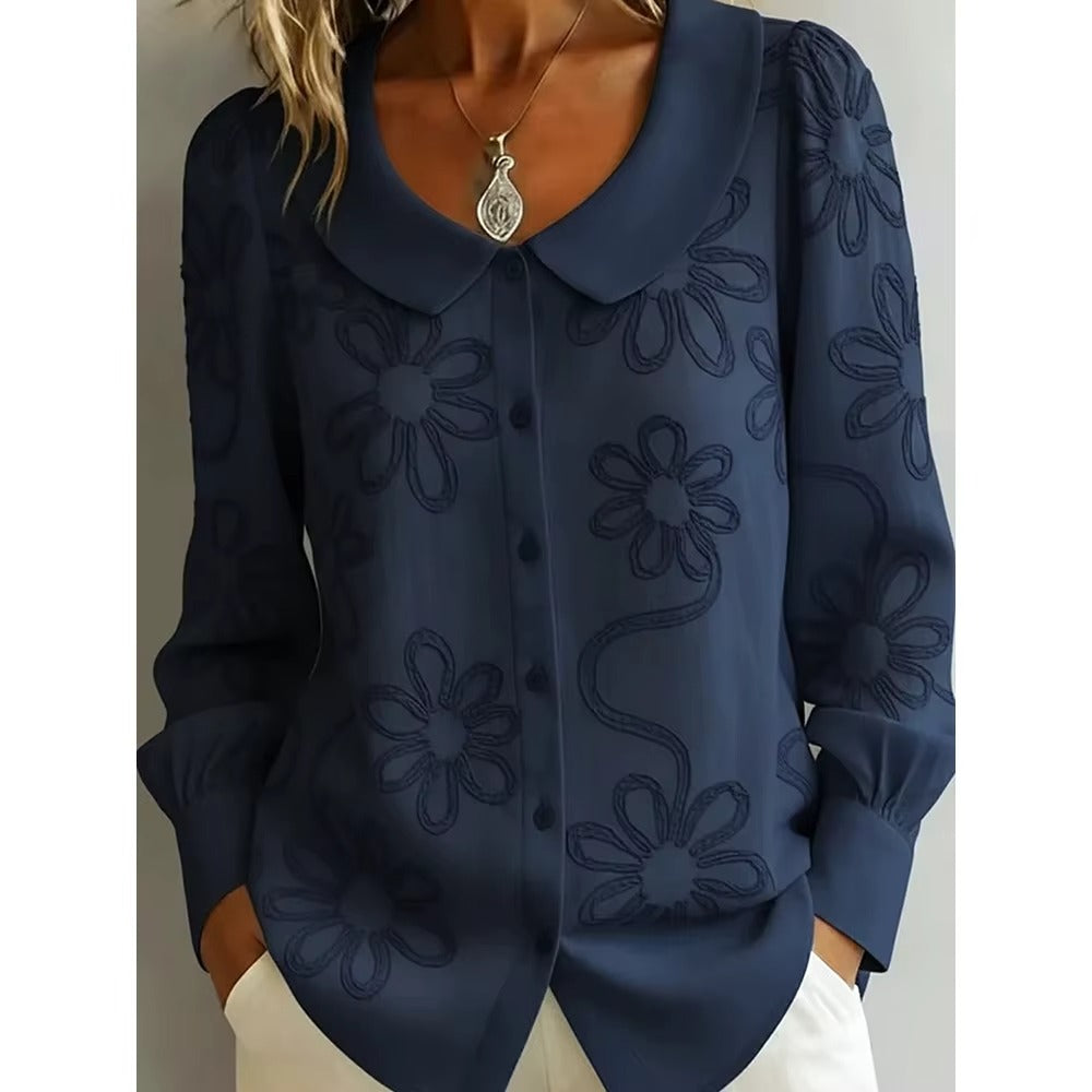Camicia Donna Jacquard Floreale con Colletto Francese – Blusa Elegante Maniche Lunghe