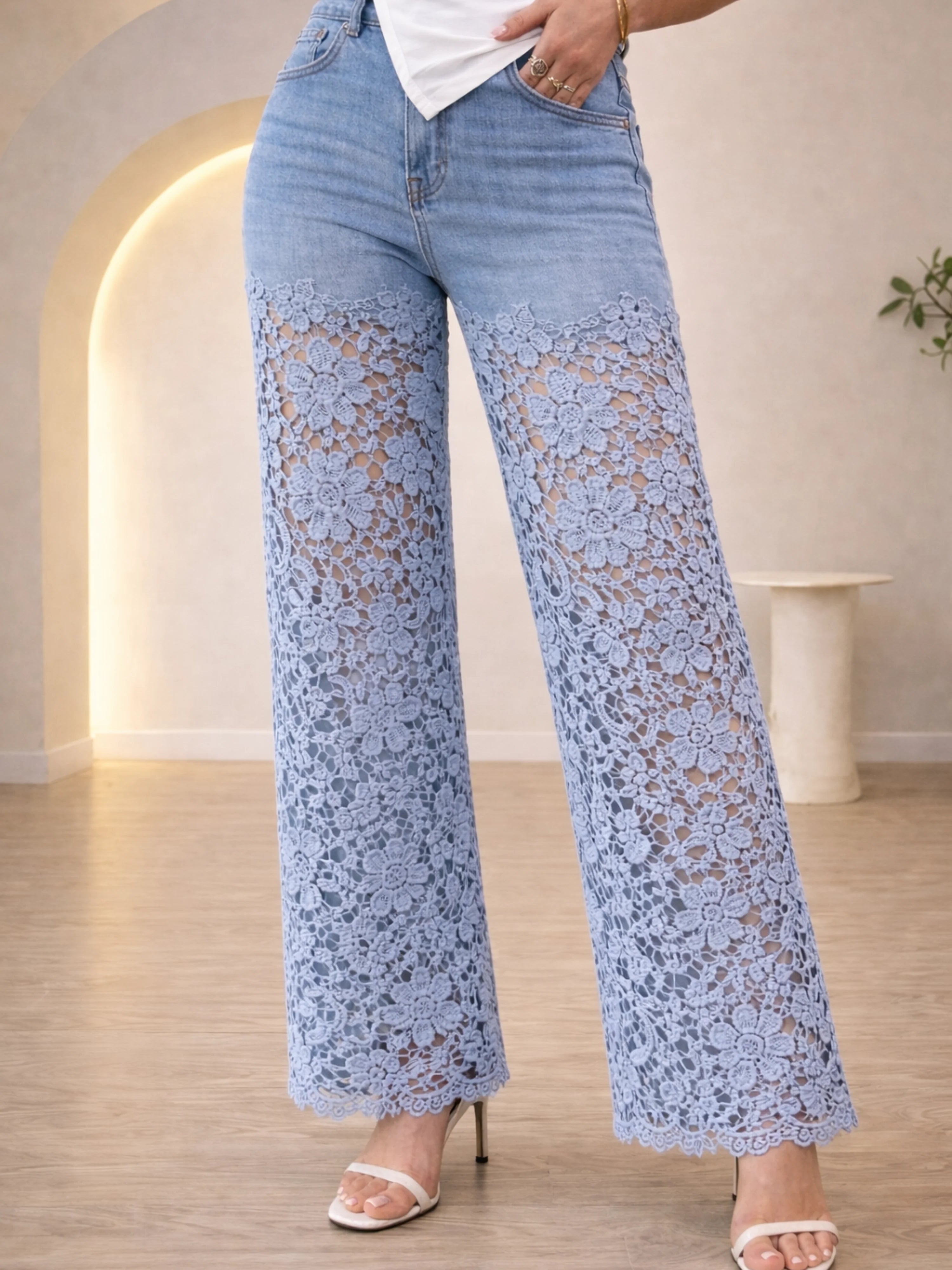 Jeans Donna Vita Alta con Pizzo Floreale – Pantaloni Denim Eleganti Slim Fit